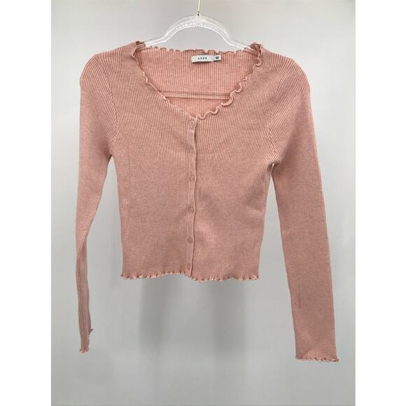 Lush Sweaters - Lush Women's Pink Rib Knit Lettuce Trim Button Front Crop Sweater L